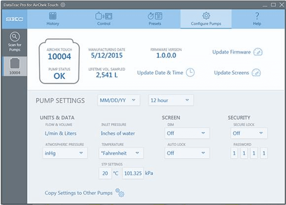 DataTrac Pro Configure Pumps Screen, through which you can adjust the AirChek Touch pump settings