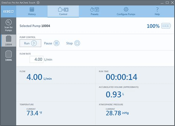 DataTrac Pro Control Screen through which you can monitor and control pump operation during sampling