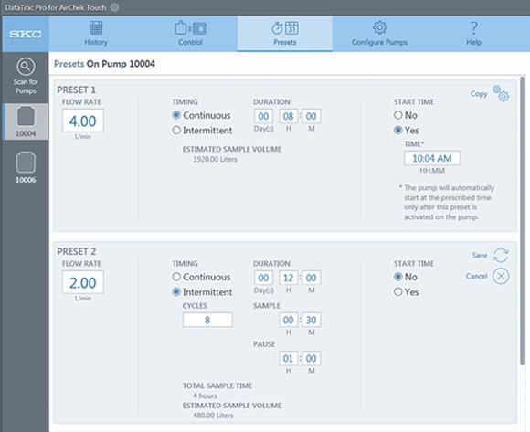 DataTrac Pro Presets Screen, through which you can program sampling presets, including continuous and intermittent sampling, with or without start time.