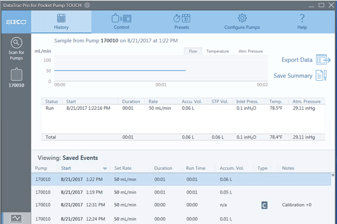 DataTrac Pro history screen with pocket pump touch