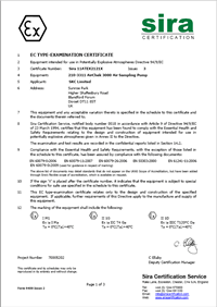 Sample ATEX Certificate. Many SKC products are ATEX certified for use in Hazardous Areas.