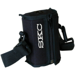 Noise-reducing black nylon pouch with adjustable waist belt and shoulder strap